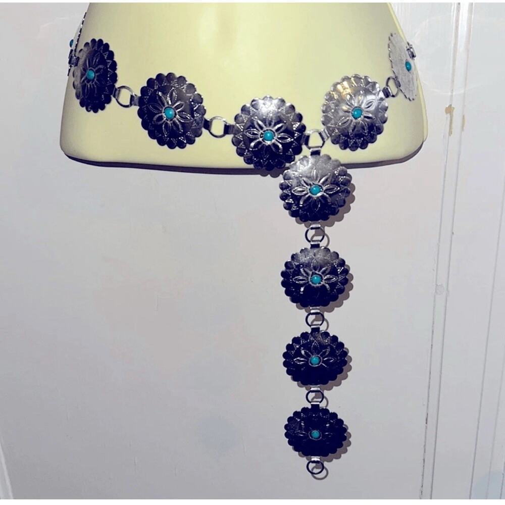 Boho Western Silver metal & faux turquoise bead concho belt - Picture 5 of 5